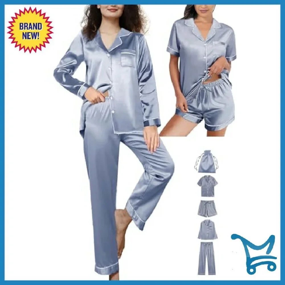 Silk Satin Pajama Set 5-Piece Button Down Lounge Sleepwear